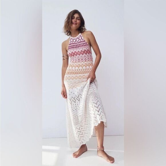 Free People Ikat Oasis Halter Crochet Knit Backless Maxi Dress Size M - Picture 1 of 8